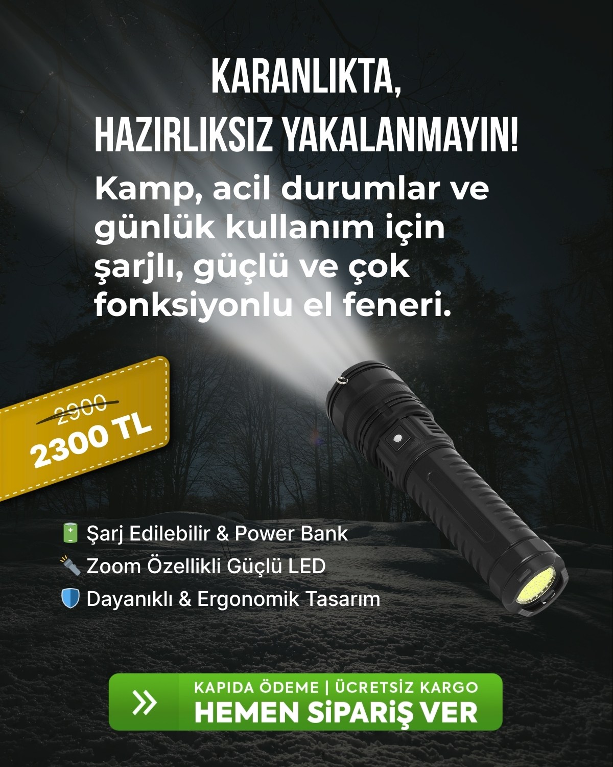 Karanlıkta Hazırlıksız Yakalanmayın. Şarjlı Profesyonel EL feneri.